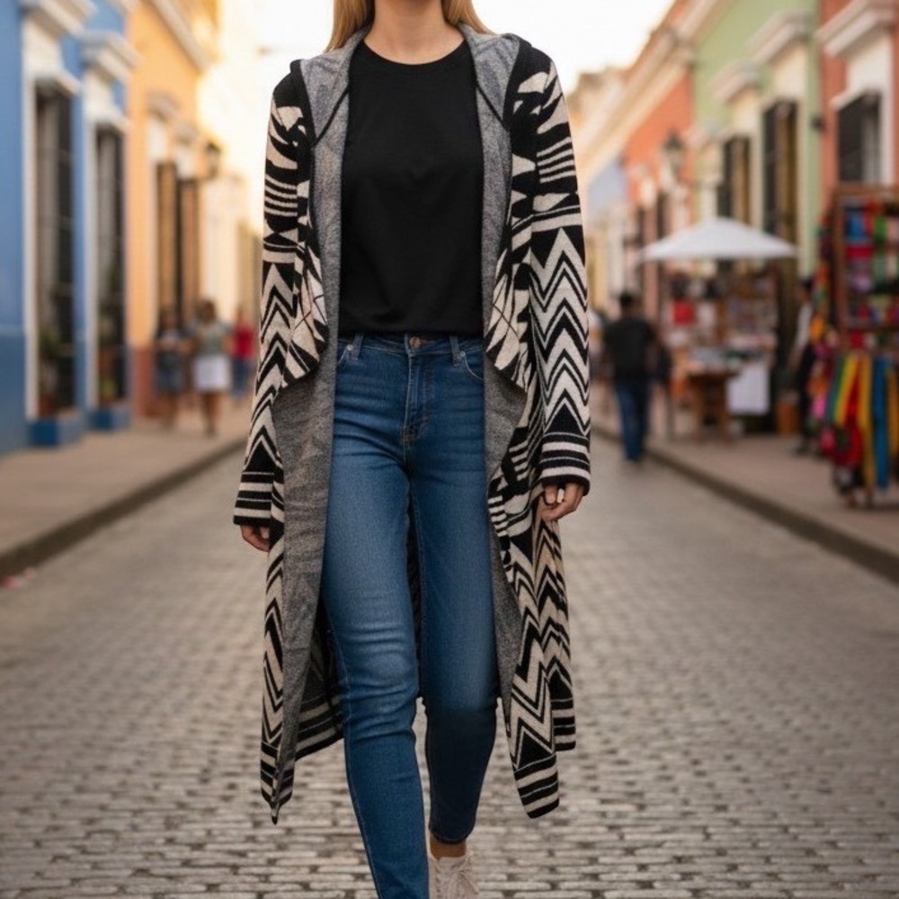 Cupio Women Aztec Open Front Long Hooded Cardigan Sweater‎ Small to Medium